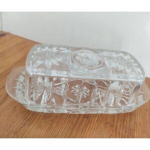 Vintage Anchor Hocking Covered Cut Glass Butter Dish Star Of David